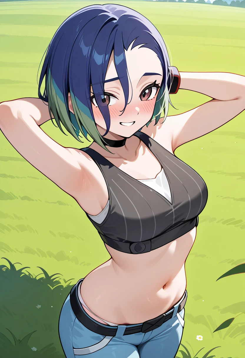 Cute girl, dark blue pigtails, green eyes, smile, white tank top, short pants, big breasts, exposed stomach