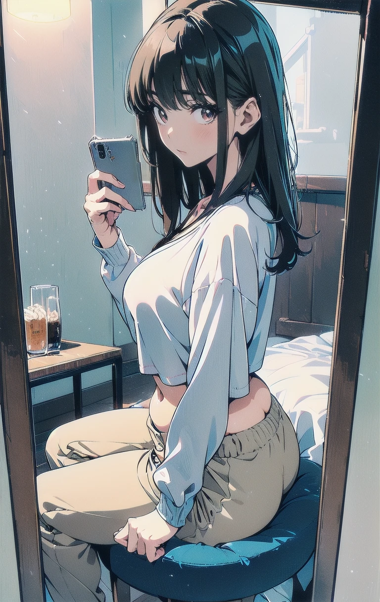 Anime girl taking selfie in mirror while sitting on bed, Seductive Anime Girl, charming anime girls, beautiful alluring anime , beautiful anime girl squatting, the anime girl is crouching, Anime Girl, (Anime Girl), Beautiful anime girl, [ 4 k digital art ]!!, Sitting on the bed, a hyperrealistic schoolgirl, Anime Girls((embarassed expression))