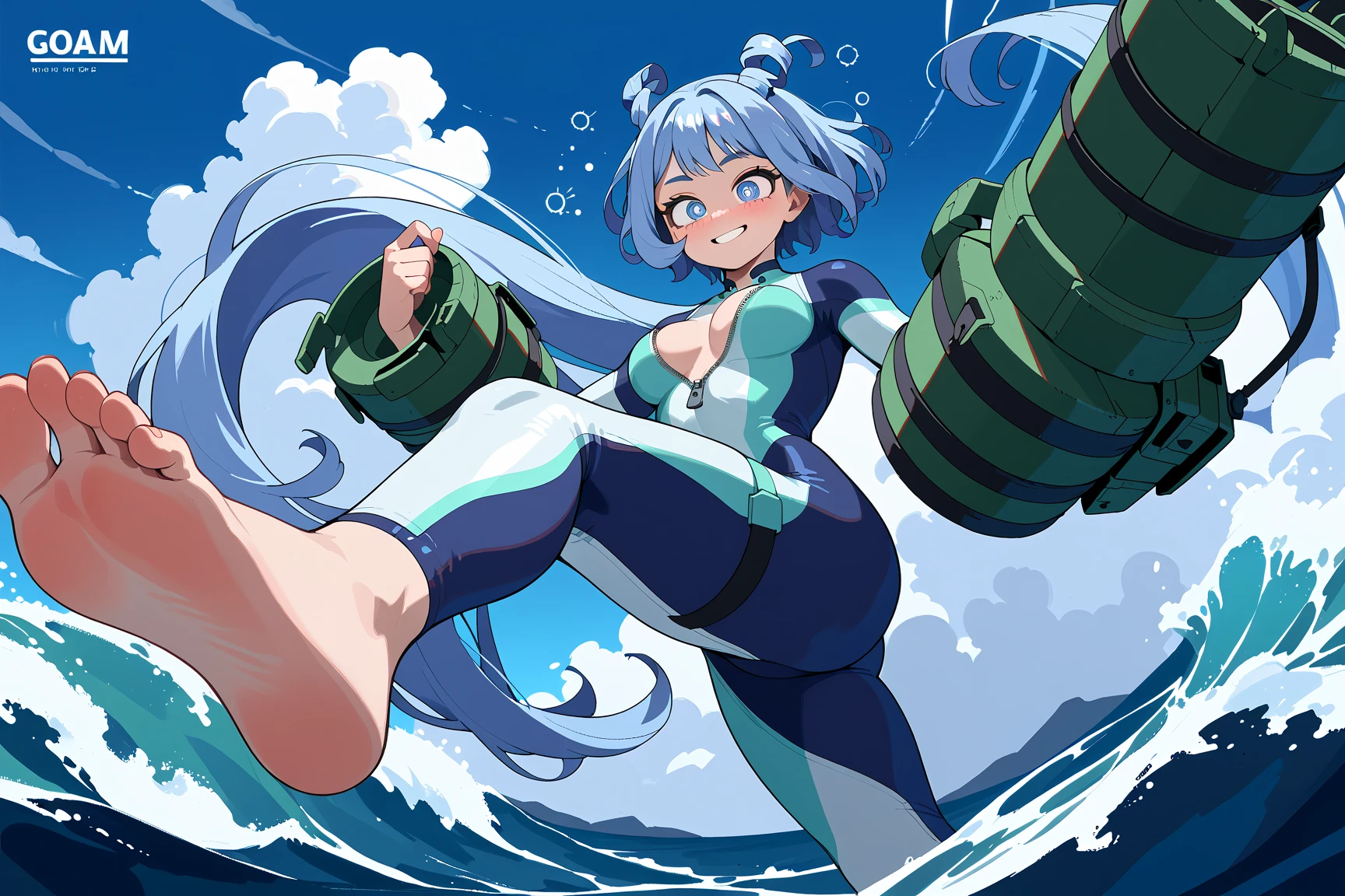 Nejirehadu, Nejire Wave, blue eyes, blue hair, long hair,
壊す blue body suit, body suit, drill hair, gloves, green body suit, multicolored body suit, colorful clothes, yellow gloves,
((壊す full body)),squat,spread your legs,arms up behind,
break white background,Break from below,looking down,lower your gaze,
breaking dynamic shot,kung fu pose,highest quality, High resolution, unity 8k wallpaper, (shape:0.8), (beautiful and detailed eyes:1.6), highly detailed face, perfect sentence, Detailed CG, (perfect hands, perfect anatomy),