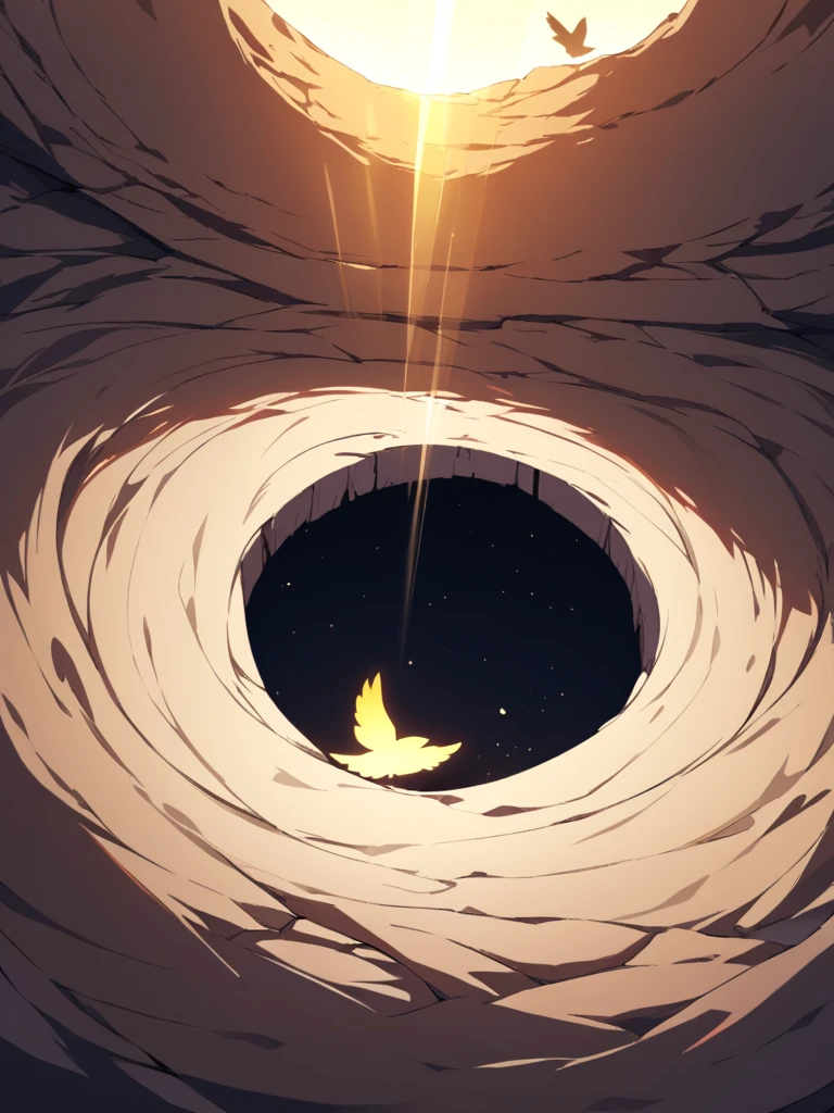 The golden light coming down from the sky falls through a hole through the ground and envelops the small bird in the ground.. The bird looks up at that light and prepares to fly..