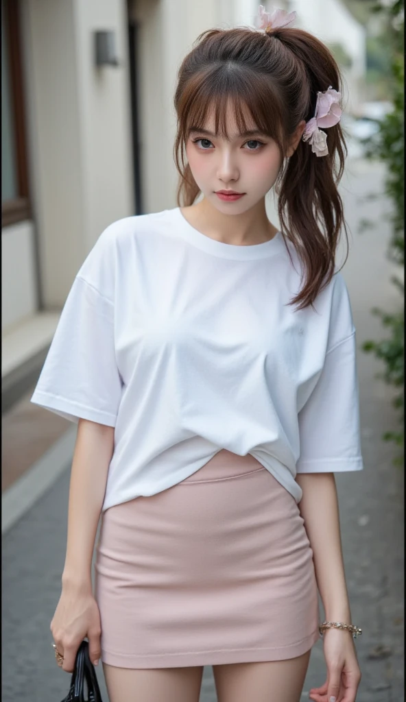 Sunburn marks on tanned skin、blush、Blonde bun hair,A cute 17-year-old girl with a cute look, A strong wind blows my hair in front of my face、Beautiful big sparkling eyes, Cute eyes hidden by long bangs、Yawn、No visible nasolabial folds、A short, light-colored miniskirt、A summer shirt with cute colorful patterns、Korean Beauty、Cheeks
