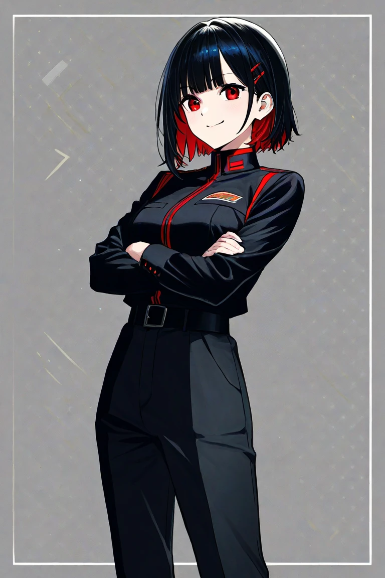 woman wearing (pcdst red uniform,black pants,black long sleeves:1.2)<lora:STPicardUniforms:0.8>