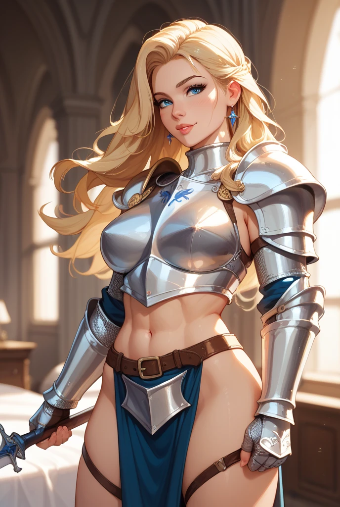 fantasy, 1 angel_girl, cute, , blonde_hair, medium_bob_hair, long_bangs, halo, bare_shoulder, thighhighs, silver_armor, waist_armor, little_breasts, angry, grinning, open_mouth_teeth, 1 pair_wings, dynamic_pose_fighting, floating, bare_crotch, headgear, gauntlet, greaves, city_background, slightly_spread_legs, solo, groin_naked,