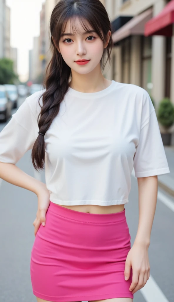 top-quality、​masterpiece、超A high resolution、(realisitic:1.4)、Beautuful Women１、Beautiful detail eyes and skin、smile、Light brown short-cut hair, She is Wearing a long t shirt posing for a photo,  gorgeous chinese model, photo of slim girl model, IG-Modell, beautiful female model,  on the resort, long t shirt, long pants