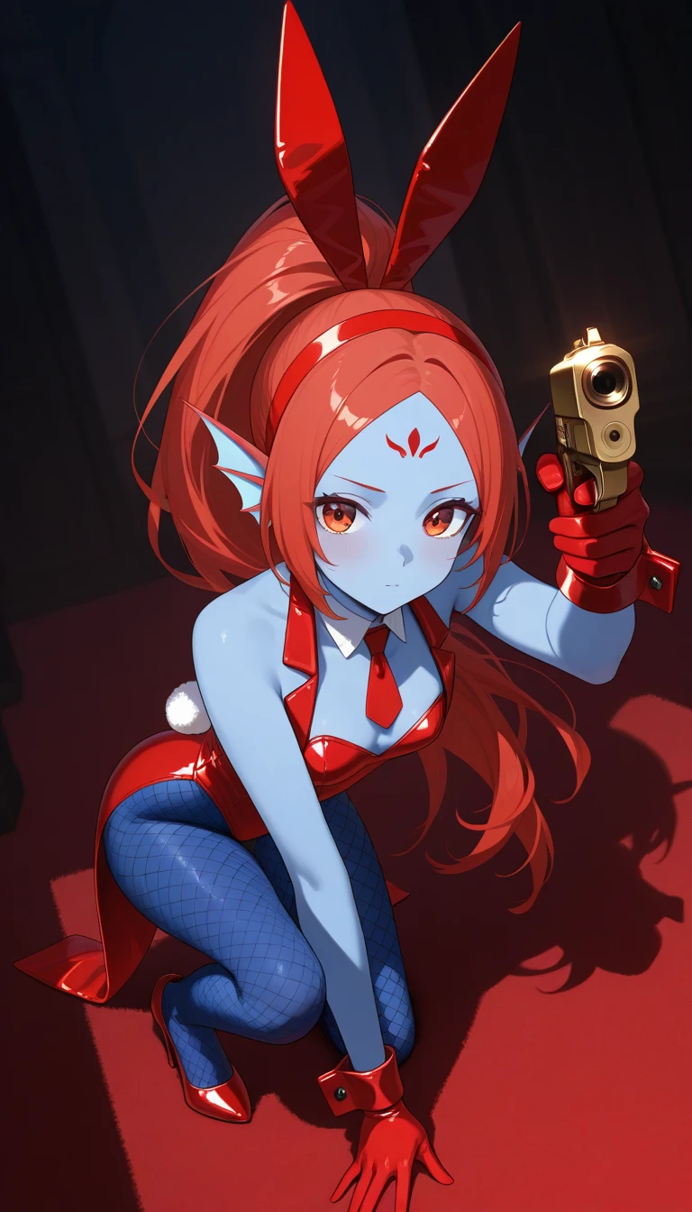 An adult female sea creature with a human-like body, depicted in an anime style. She has full-body blue skin, not the typical human skin tone. Her ears are orange gradient head fins. Her hair is blood-red, styled boldly with an all-back look, exposing her forehead, with only the front bangs hanging down on each side. The back hair is tied into a high ponytail reaching her neck. She wears a crimson  suit, with a sleeveless crimson tailcoat as outerwear, a crimson butterfly tie, a crimson  headband, and plain crimson gloves with a glossy blood-red cuff. Her lower body features crimson high heels with blue fishnet tights revealing her blue legs, not skin-colored. She has a small bust (A-cup), smaller than typical characters, and proportionate . close up gun, aiming at viewer, dutch angle, holding gun, on one knee, Red Carpet
