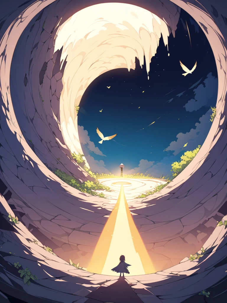 The golden light coming down from the sky falls through a hole through the ground and envelops the small bird in the ground.. The bird looks up at that light and prepares to fly..