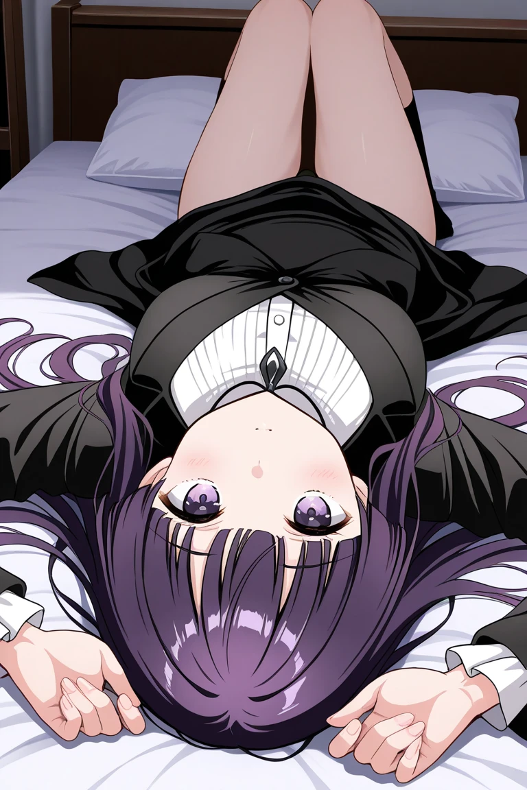 (((Pixel Perfect, Perfect detail))), ((alone, 1 girl)), fern, long hair, bangs, (purple eyes:1.1), purple hair, sidelocks, blunt bangs, (bright pupils:1.5), half updo, long sleeves, dress, white dress, long dress, robe, black robe,(lying on the bed;1.3), (showing panties :1.3), upper body, indoor