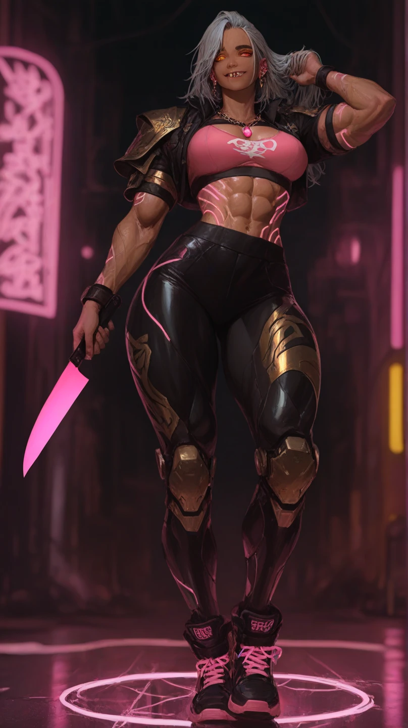 ((((Massive, beautiful, buff, muscular light brown skinned female ninja with shocking pink hair, black lipstick, ginormous bulky muscles, holding a white fire sword and wearing a pink cybernetic ninja armor with pants)))), {close view}, black eyeliner, massive muscles, large breast, massive biceps, hyper muscle triceps, (angled bob cut), red eyes, mask, ninja boots, In a futuristic city, steel ninja armor, nighttime, closed smile, hyper muscles arms, hyper muscle legs, ginormous arms