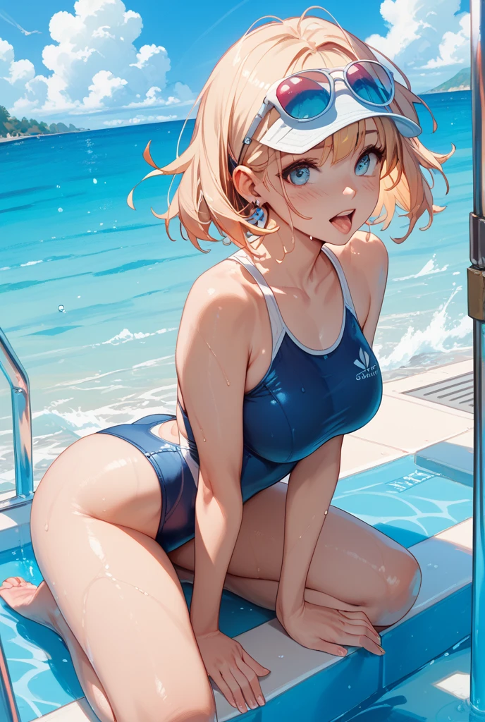 The ultra -The high-definition、high-level image quality、top-quality、Full limbs、complete fingers、Beautuful Women、1 persons、embarassed expression、ssmile、hair pin、White swimsuit、knee high、Indentation、Bery short hair、standingn、Grow legs、Summer Beach、cinematlic lighting、Japanese anime