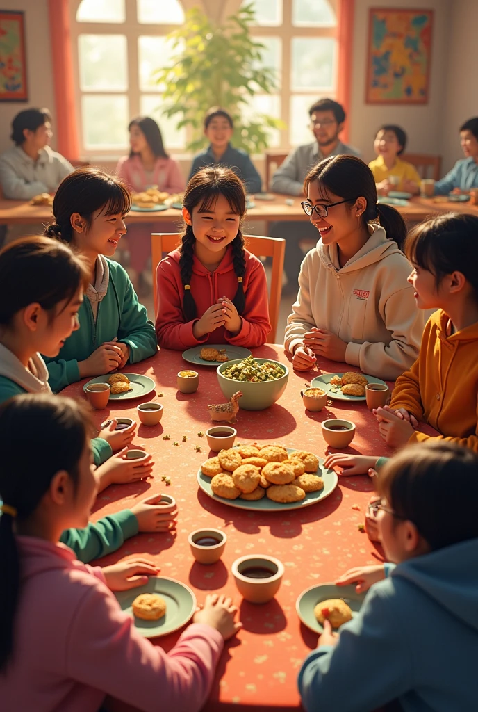 A group of students and their teacher in a school, celebrating Mid-Autumn Festival