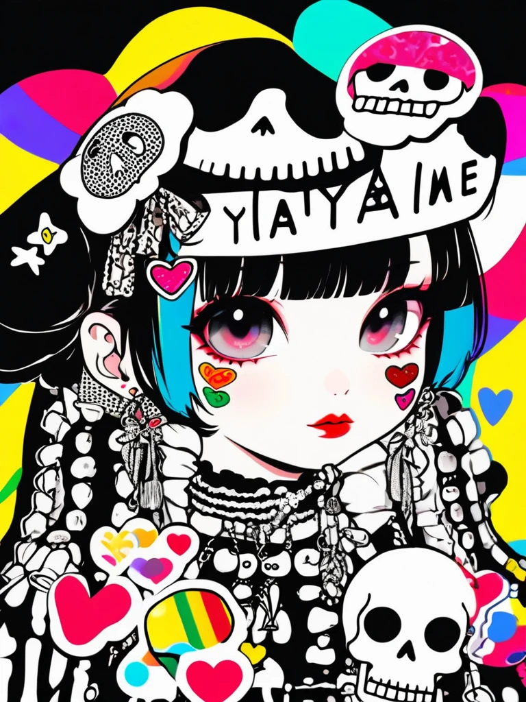 ridicule、Finger prick、Black Hair、Black Feather、Gothic Punk,anime zombie witch design, crossbones, skulls, street wear design, pro vector, Horror style, full design, 6 colors only, solid colors, no shadows, full design, sticker, bright colors, white background.super fine illustration,(((beautiful fine hair))),(((beautiful fine face))),(((beautiful fine background))),(((beautiful fine hair))),(((beautiful fine face))),(((beautiful fine background))),Midsummer、beachBlack Hair、blunt bangs、Cross-eyed