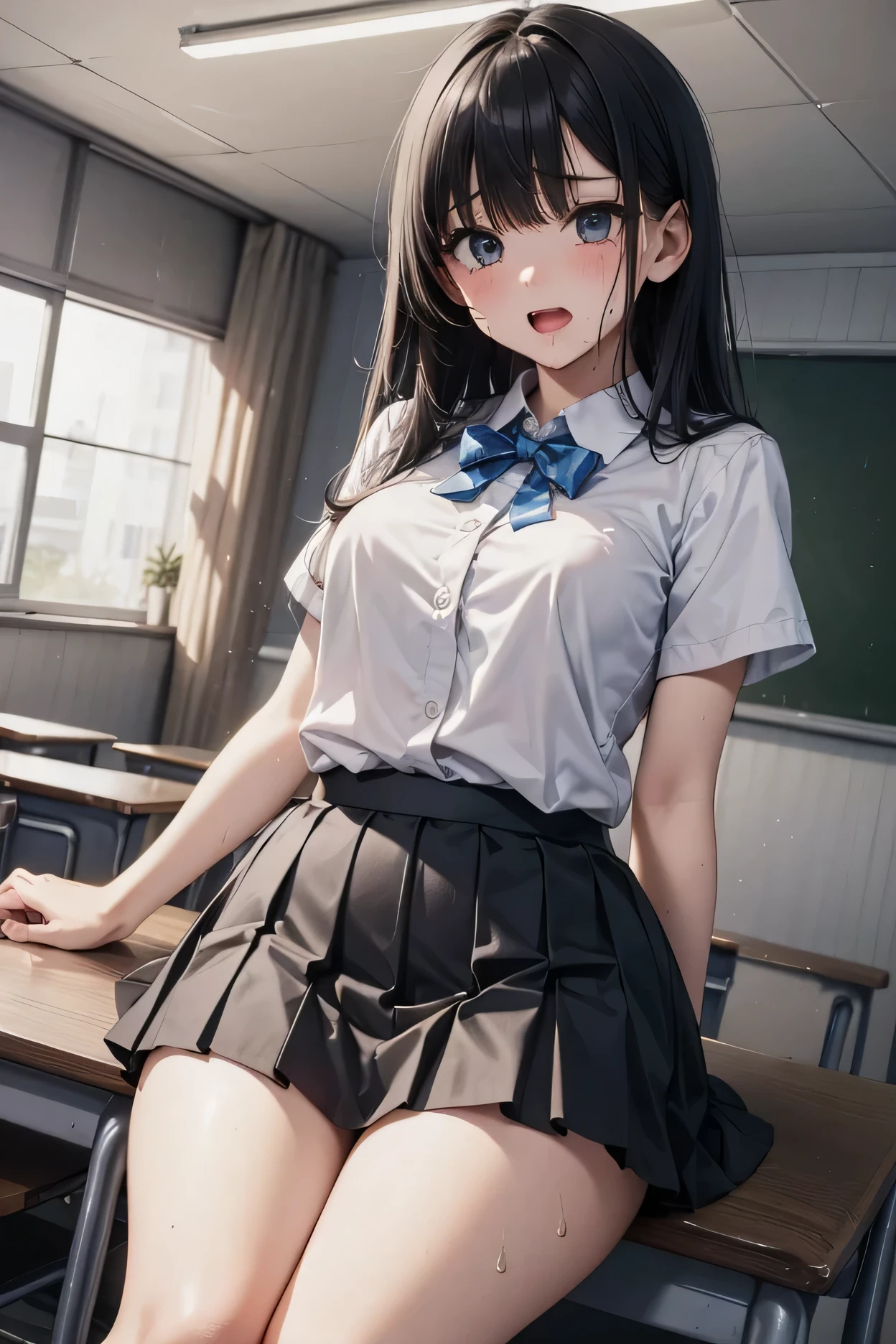 masterpiece、highest quality、1 girl、high school girl、18-year-old、Perfect Face、Shiny skin、Random Uniform、(Random Hairstyles)、Big eyes、tall)、Beautiful Hair、Beautiful Eyes、Perfect proportions、Beautiful thighs、Beautiful legs、Beautiful fingers、((High-quality fabric、brown knit vest、Short sleeve white collar shirt、Navy Pleated Skirt、A bow tie))、After school in the classroom、(smile)、(((((Skirt Lift、White panties are visible)))))
