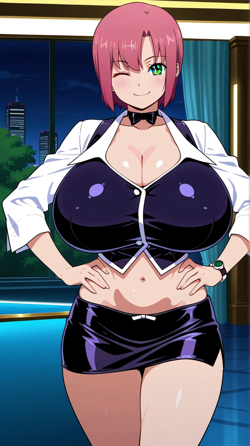 A sexy girl big breast short red hair round her blue eye wears purple corset and tight black pants big thigh