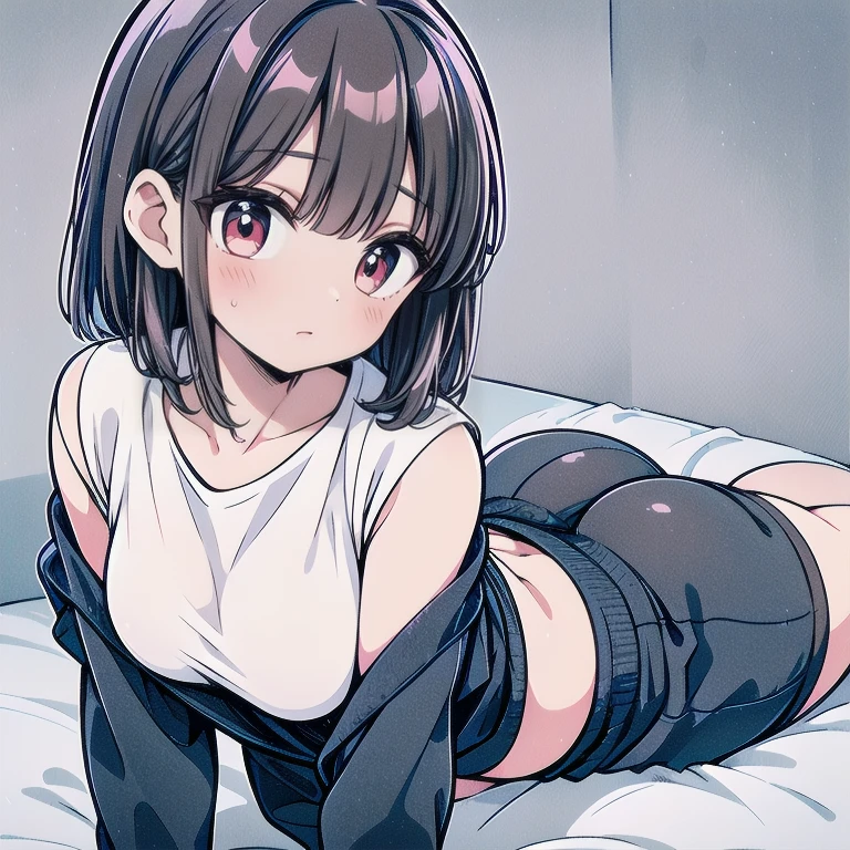 Very detailed、(8k, RAW Photos, highest quality, masterpiece:1.2), (Very detailed 8k wallpaper),shape、Professional Lighting,Sharp focus, Written boundary depth、
Browsing Caution、Clear Eyes、Perfect Anatomy、With a girl、、Cute girl、Black Hair、15 years old、Chibi T-shirt、mini skirt、、(blush:1.5),、imminent kiss,Plump thighs、、、bed