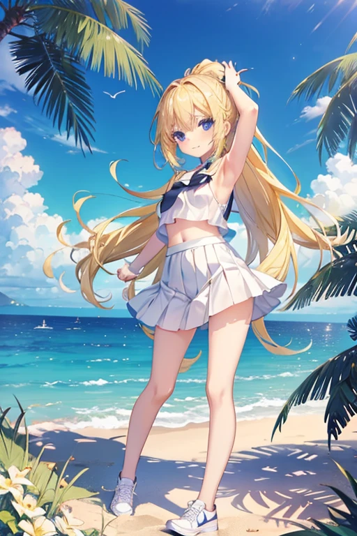 ((masterpiece)), disorganized, ((Lillie_Pokemon)), aqua eye, blonde,ponytail、beautiful white skin、white ribbon, white sailor suit、white pleated skirt , No sleeve, ((charming))、evil smile、perfect proportions、On a peaceful tropical sandy beach、(((amazon position)))、(((Angle from under panties))), ((woman on top)), 1boy