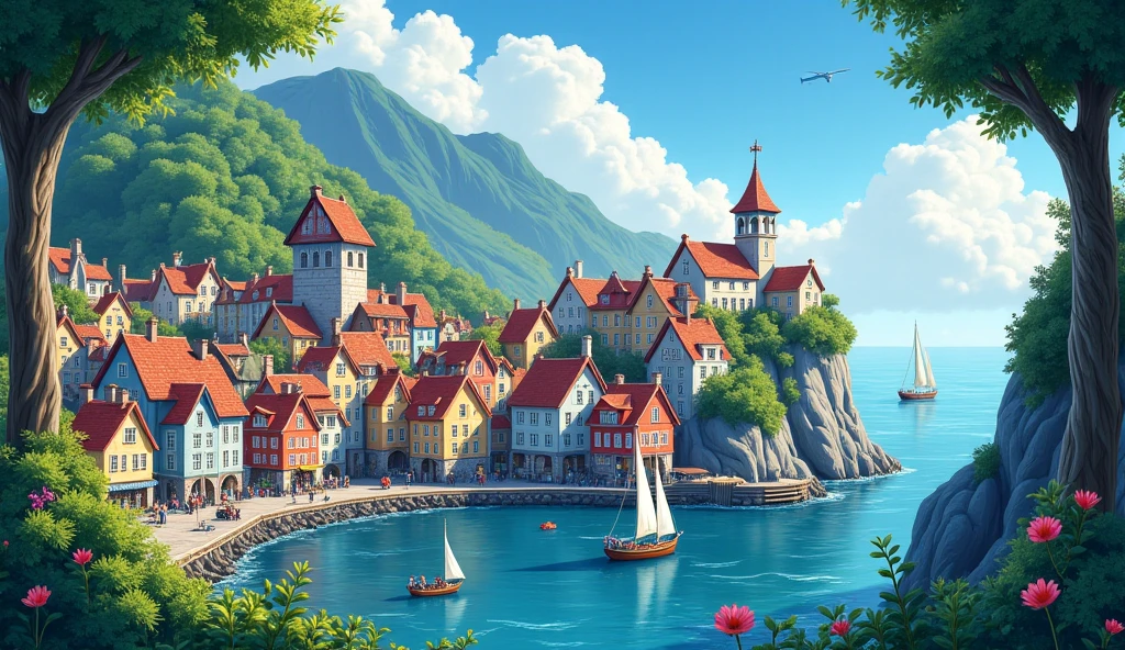 Northern Europe　Port town　Colorful houses々　Ghibli style　scenery