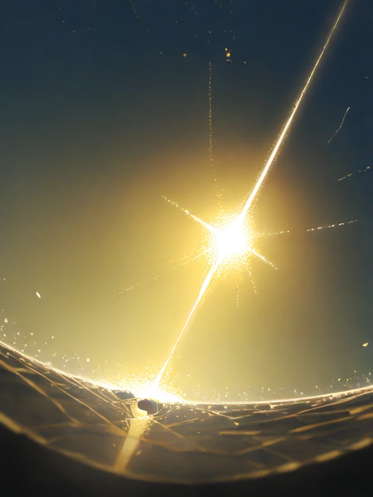 A wall that separates the earth from the sky. The golden light coming down from the sky falls through a hole through the ground and envelops the small bird in the ground.. The bird looks up at that light and prepares to fly.. illustration. 4K. dreamy. Well-colored.