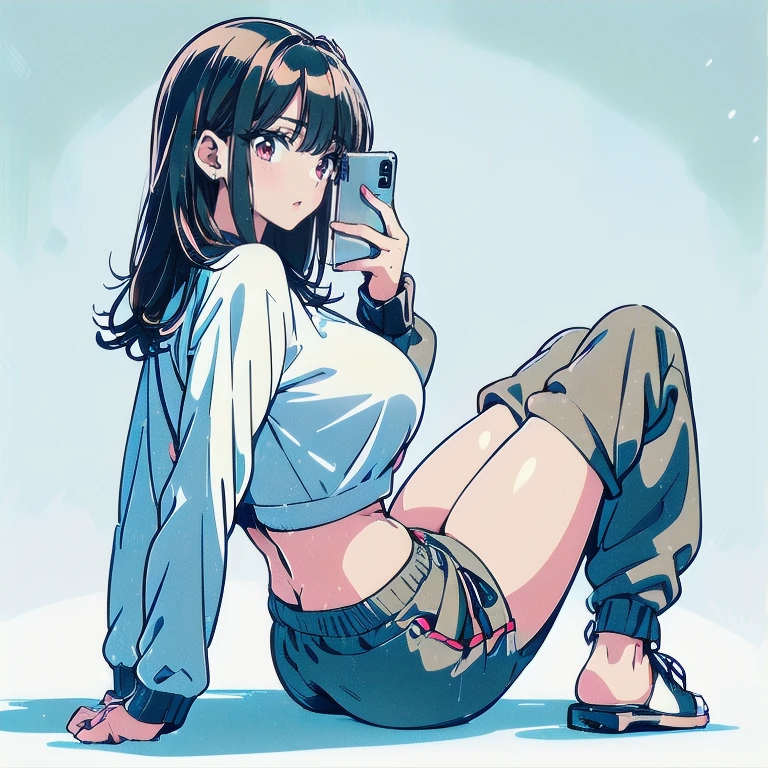 Girl, tank top, looking at phone, in bed, legs under covers, long legs, tight tank top, dark circles under eyes, half closed eyes