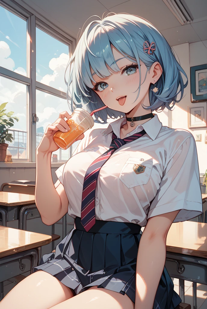 1girl , short hair, light blue hair, skirt, sitting, cafeteria, drinks, blush, smiling, glowing, sidelighting, wallpaper.