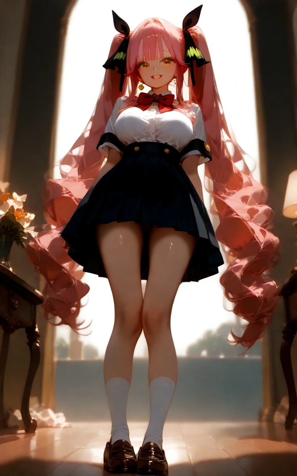 (masterpiece, highest quality, ultra high res, ultra detailed:1.3), 1 (gigant) girl, pink medium hair, small breast, (15m tall:1.7), from below, mini skirt, panties visible, outdoors, miniature city,