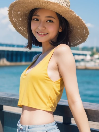 ((best quality, 8K, masterpiece:1.3, portrait photo, Sharp:1.2)),((stringkini panties)),(((fat body))),full body,
beautiful female figure:1.4, sexy body, oval face shape, detailed eyes, smile，double eyelid，

((Long layered slightly wavy hair style, dark hair color)),

(Casual t shirt：1.1，yellow t shirt,（satin material，) in the beach：1.2，Very detailed facial and skin texture，body position in front of the camera, looking at the camera