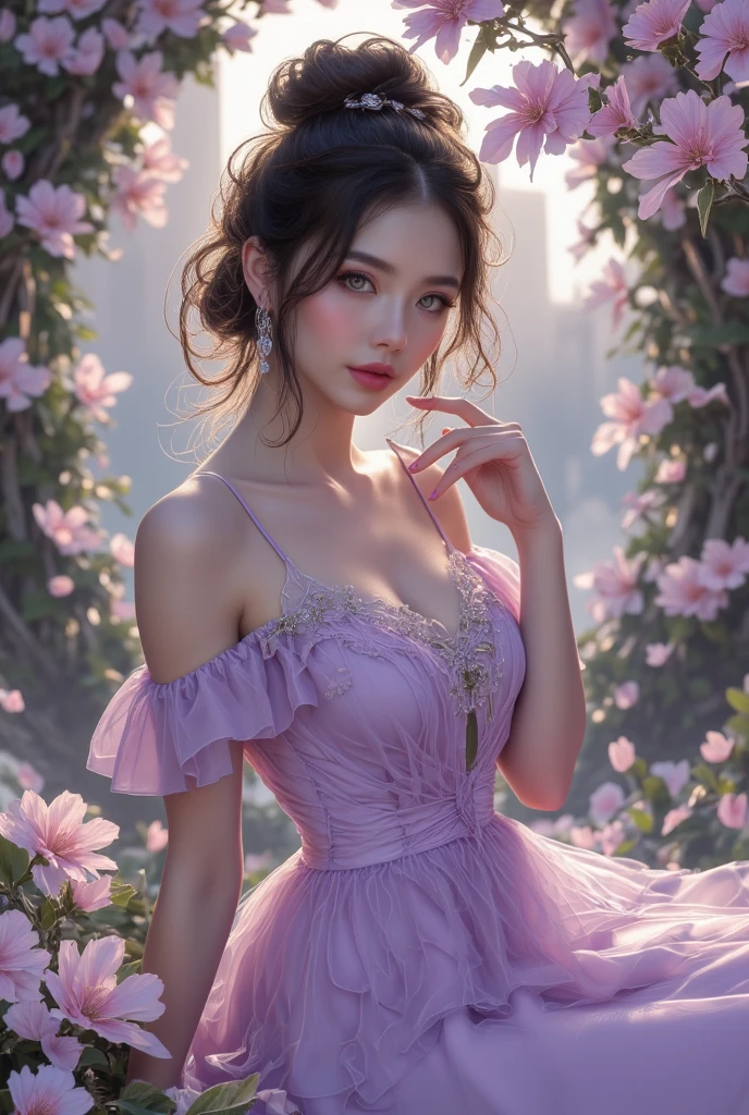 8K, UHD, masterpiece, 1 girl, good face, very long hair, detailed eyes, detailed lips, light makeup, small breasts, fairytale dress, purple dress, lace, stocking, in the cloud, cloudy sky, flowers, water, heaven, flying birds, dim lighting, realistic shadow, bloom, ray tracing,