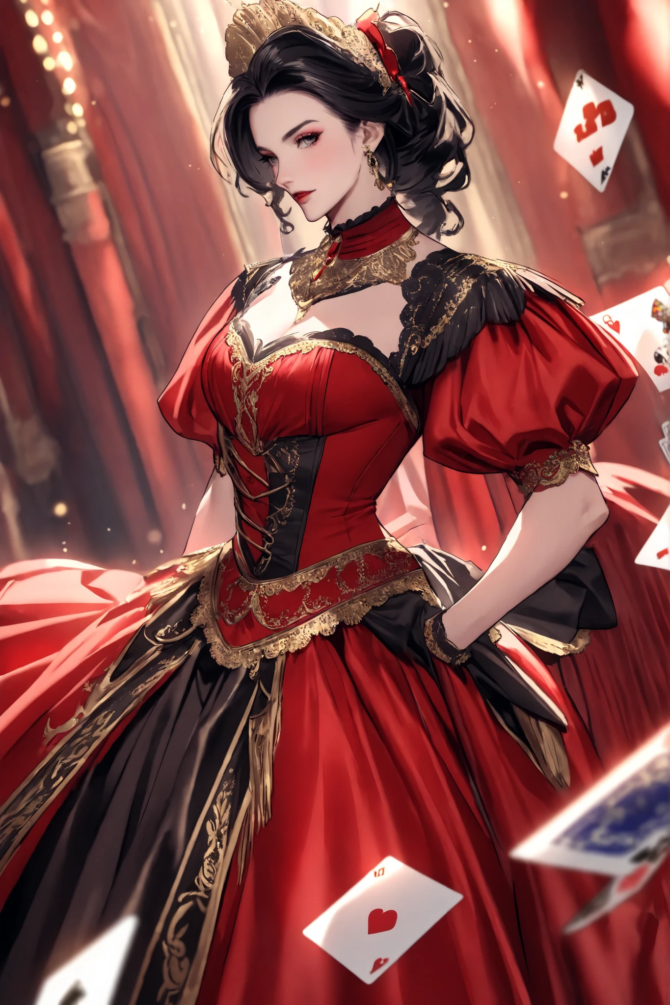 (( Personalized playing cards with playing card borders well-defined design , A Card featuring a Cowboy fearless for his speed and cleverness , another Playing Card a Beautiful Lady from the Western era wearing a red dress with gold and black details with a fabulous neckline , cards in an upright position )))