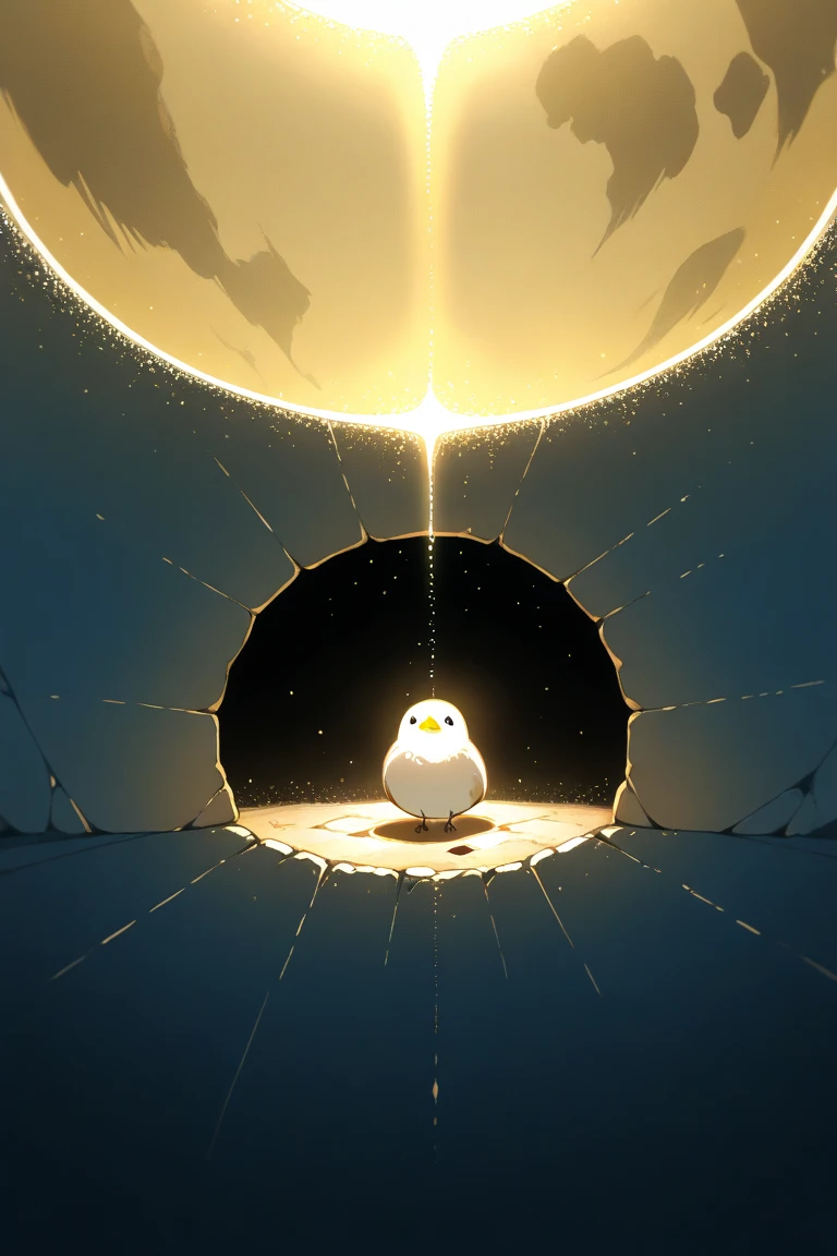 A wall that separates the earth from the sky. The golden light coming down from the sky falls through a hole through the ground and envelops the small bird in the ground.. The bird looks up at that light and prepares to fly.. illustration. 4K. dreamy. Well-colored.