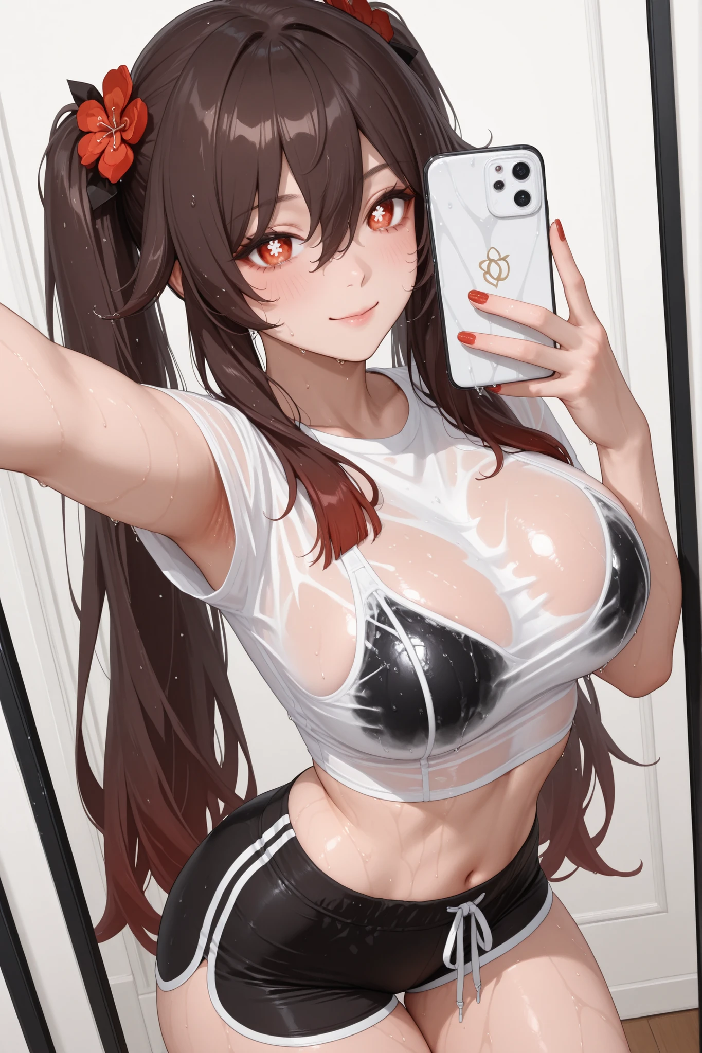 (Best quality, 8k, 32k, Masterpiece, UHD:1.2), kizuna ai, huge breasts,long hair, brown hair, multicolored hair, hair tied, pink hairband, pink highlights, streaked hair, smiling, pink sports bra, black jogging pants, navel, muscular abs, six packs, navel piercing, thong panties, sweaty armpits, thick thighs, muscular arms, tattoos