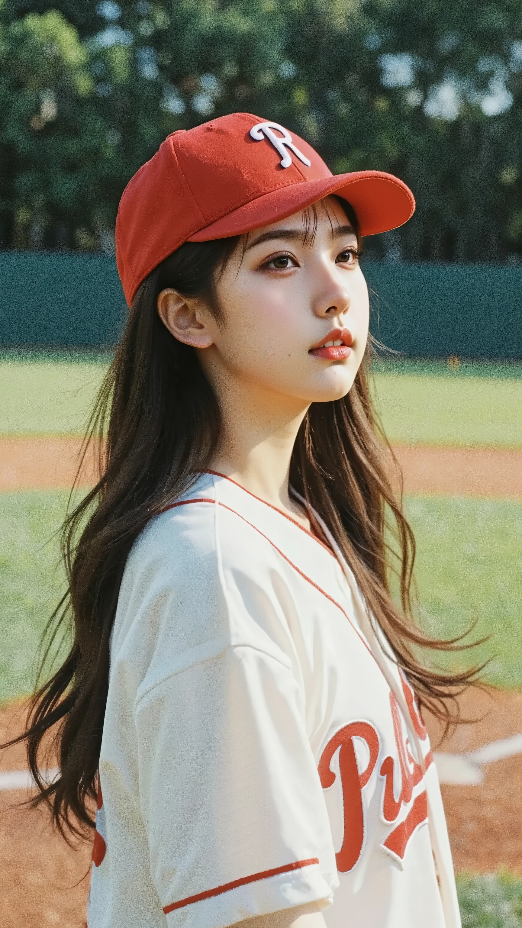 (details of a very beautiful face), (best image quality:1.4), 8K resolution , high resolution, 1 girl, beautiful girl, best beauty , Very beautiful and detailed face, smooth skin, beautiful detailed eyes, Official Portraits, Fair skin , Adding Gloss to Her Lips, Open lips, japan, baseball uniform, baseball cap,, big , suitable for thin waists, Big butt, Features , throw, Baseball , dynamic, Motion blur , baseball field , Sweating, Sweaty ,