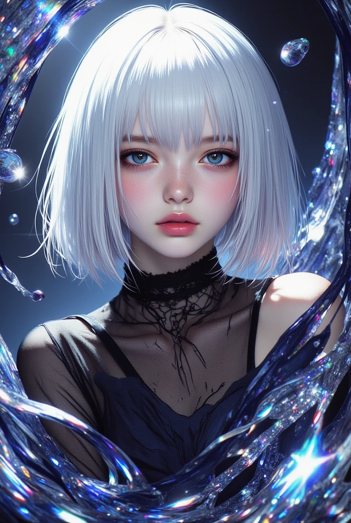 bob cut,sliver hair,multiple colored hair,sad,:<,closed eyes,((good face)),(masterpiece),ahoge,bangs,dynamic,solo,wide shot,gloves,flat chest,(ambient light ),the Earth at the upper part of image,empty-handed,solo,1girl,highres,crying,on the moon surface,outer space,,,