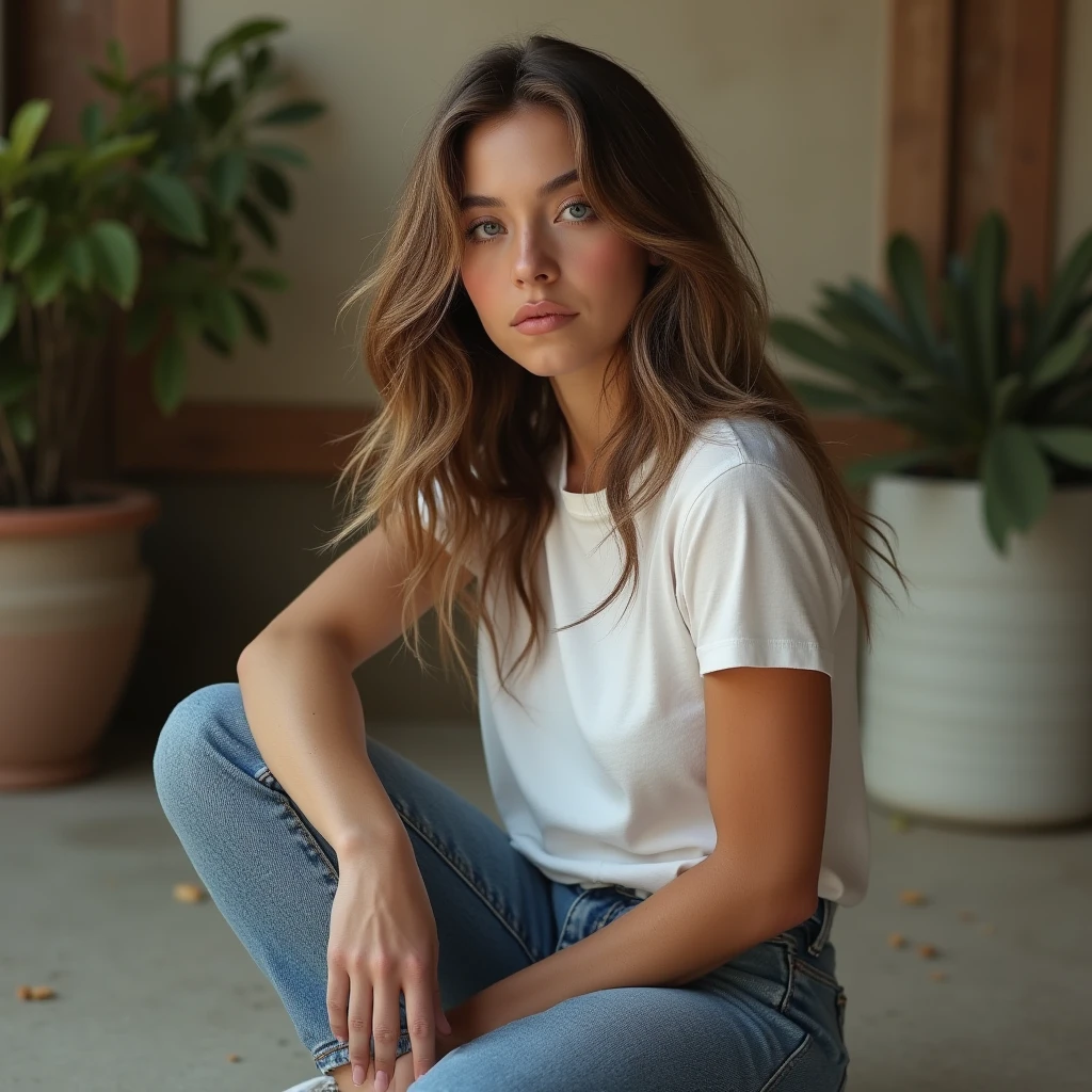Woman, americana, age 25, pale skin and freckles, grey-eyed, delicate nose, soft and delicate lips, distant, cabelo blondie distant e ondulado na altura da cintura, Sweet smile, face with delicate feminine facial features, highly rendered, black leather pants