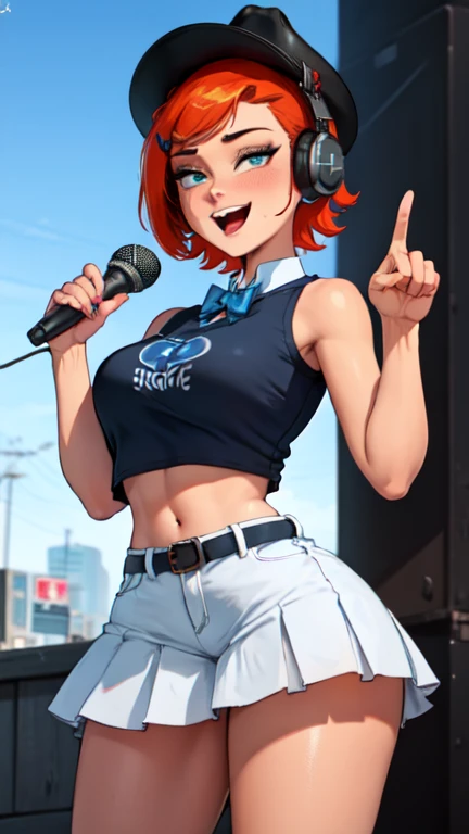 1girl, ultra high res, very low angle ,looking down at viewer , very large chest size , shorts, underboob , microphone, singing, smile, open mouth, one hand pull shirt up, 
