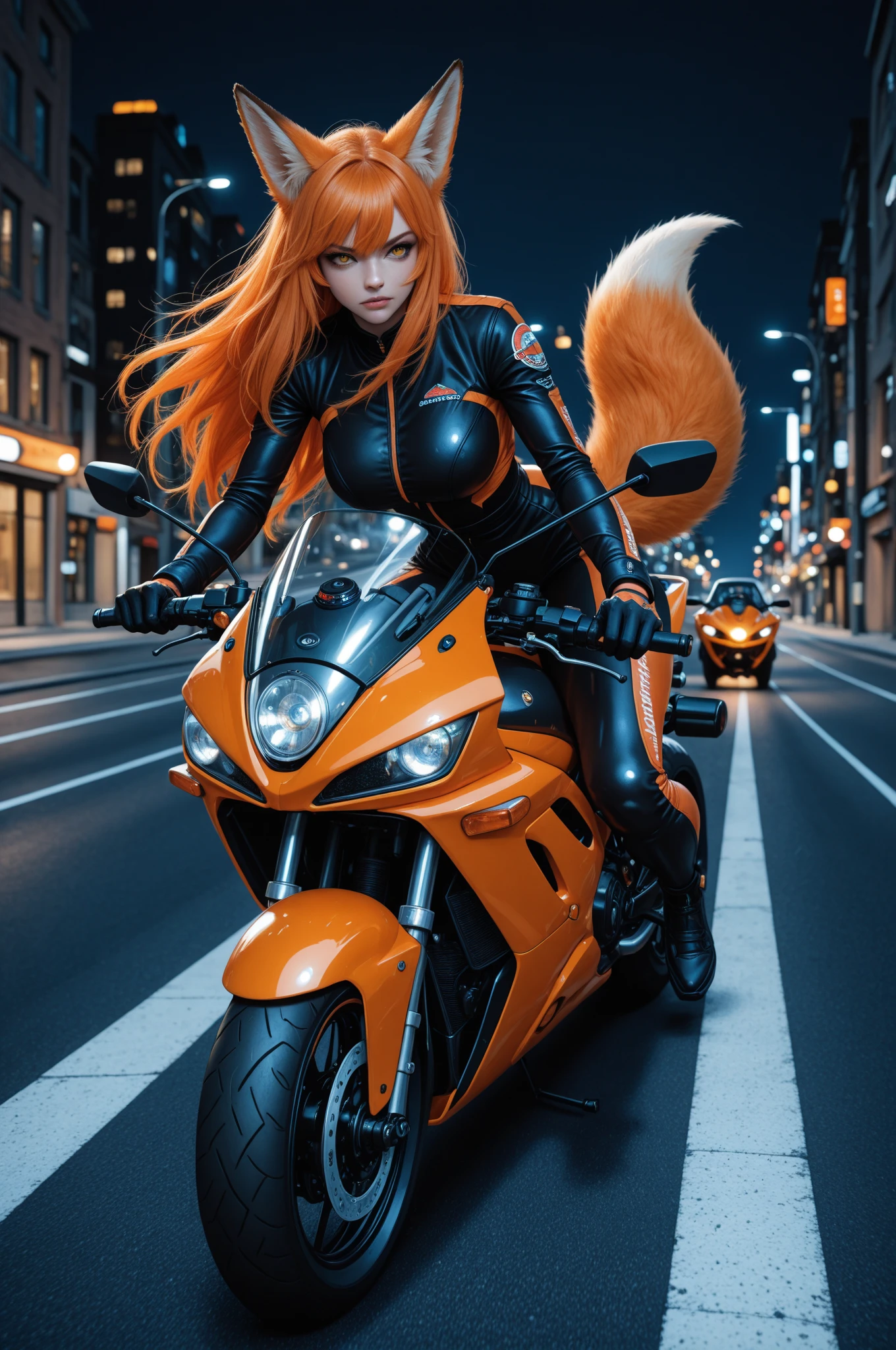 Little Red Riding Hood Costume 33-year-old woman orange hair beautiful face tender look mischievous smile cyberpunk anime manga with electronic equipment in the city of Neo Tokyo in the year 3999 photorealistic image with 16 HD resolution, riding bicycle 