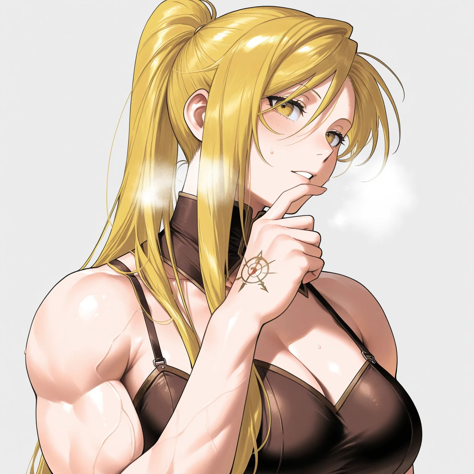 a big muscle man (rough, leather clad action hero) is being approached by a (shy, mousy, cutely dressed woman with big glasses (plunging neckline) asking for an autograph, convention