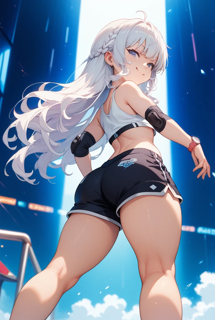 a very obvious zombie with straight and slender legs. Wearing a white T-shirt, hot pants, and a ponytail. 