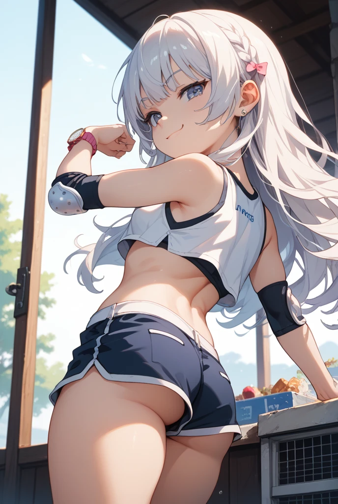realistic, 1girl, ponytail, parted lips, blush, makeup, light smile, white hair, sportswear, skirt, wet clothes, glow, thighs, purple eye, bare shoulders, collarbone, narrow waist, sunbeam, sunlight, rose, wind, cleavage, (masterpiece), sweat,
