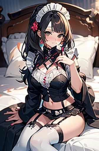 junkotvv como rosaria,orejas de garo, POR EL NEGRO, ojos rojos, vistiendo un bikini floral azul negro, sentarse en la cama mirando hacia el frente de la mano es muy detallado