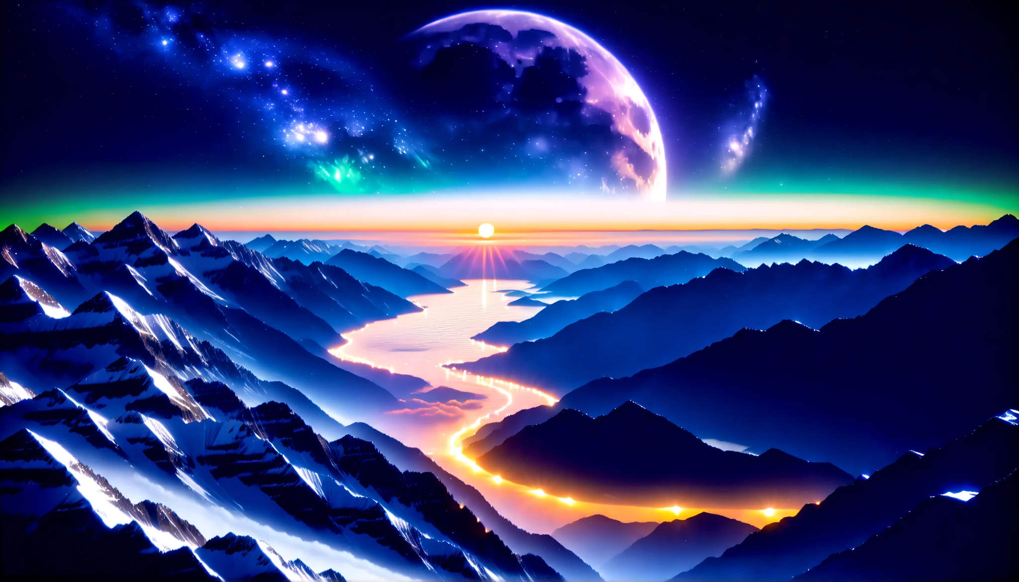 (greenく光る巨大な月:1.5),巨大なgreenい月,Ultra HD,high precision,High Quality,Detailed Scenery ,Night Sky,（Milky Way Galaxy:1.5）,(The Alps:1.5),The giant moon and stars moving to the lake々,Beautiful Artistic Illustration, Ultramarine, green, purple, black,Solemn Atmosphere,An epic and mysterious moon,

