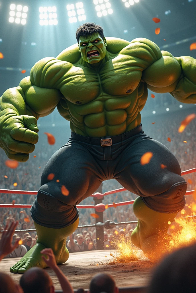 The Triumph
Prompt: "The Hulk standing victorious in the ring, his muscular form highlighted by the arena lights. Superman is on the mat, exhausted but respectful. The crowd is erupting in cheers, and the referee is counting down. The atmosphere is electric with the sense of a hard-earned victory."