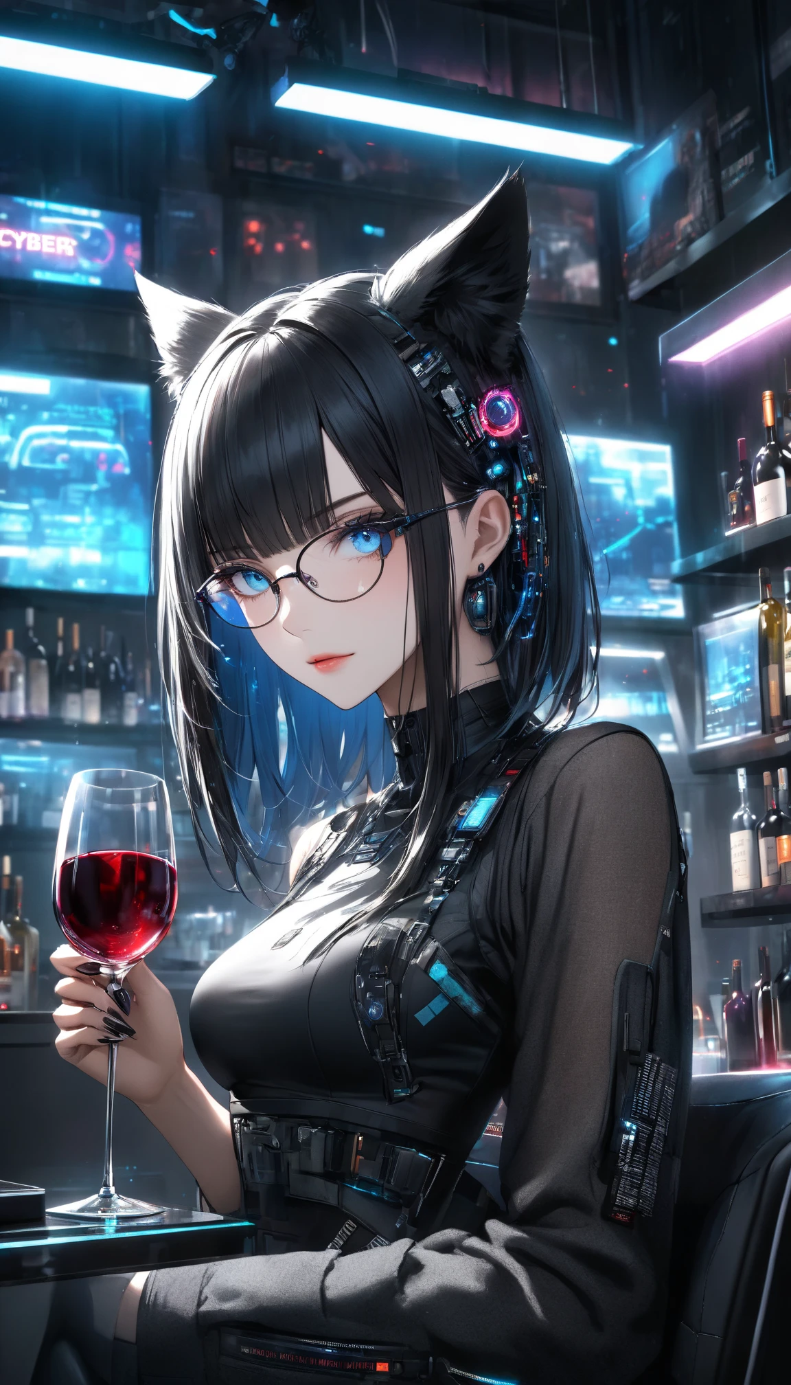 Cyberpunk style room, (neonlight:0.7), (There are wires on the ground:0.5), the night, 1 girl, A half body, Gray Whiucy from Cyberpunk Edgerunners:0.8), Round glasses with reflective neon lights,tightsuit, (Sayre Hayes:0.7), Normally proportioned and beautiful facial features:0.7), (s delicate face:0.5), Smiling, (on her elbows:1.5), absurd res, A high resolution, Super sharp, 8K, tmasterpiece,looking at viewert