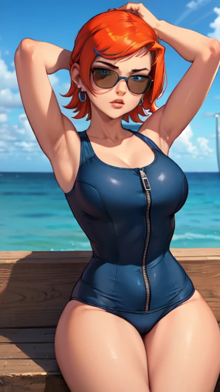 1girl, beautiful elf woman, ((Short Red Hair, Straight, has shine)) Blue eyes, double eyelids, light effect on eyes, detailed irises, beautiful curvy body, glasses, ((Blue Denim off the shoulder Sleeveless Strapless tight tee shirt covering chest, stomach exposed)), black choker, ((tiny blue denim mini shorts)), black high heels, ((Work of art, hyper-realistic, hyper detailed, Best Quality, 16k, light and shadow on skin, vivid colors)), ((lay on beach chair at the ocean at beach)), ((Hands behind head: 1.5, Hand resting on stomach: 1.5)) Lustful Expression, perfect lips, sexy mature face, lots of freckles all over body, full pouty lips, extreme blush, sensual smile, ((night time)), moonlit sky, Flirting with viewer, Flirty Lusty Smile, ((Large Breasts: 1.0)) ((Full View))