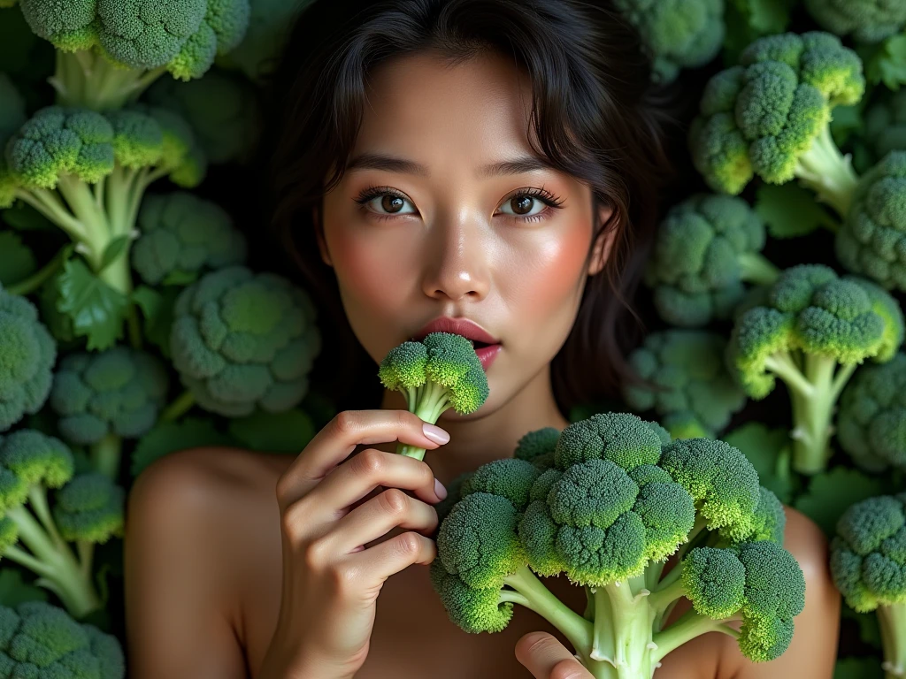Arcimboldo-style painting, the upper body of a Japanese girl, ?????, formed from a collection of vegetables, smiling