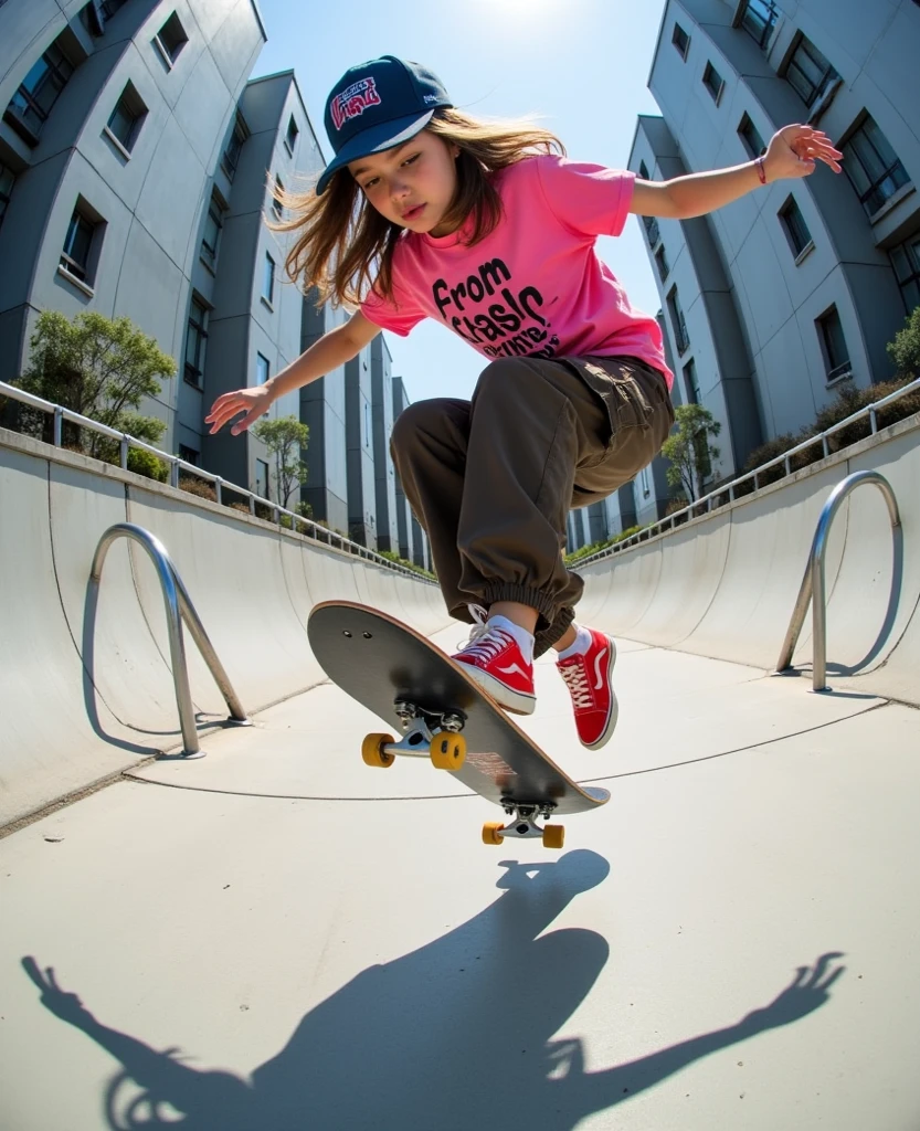 photo of a 18 year old girl,skating,happy,bare hands,shirt,pants,ray tracing,detail shadow,shot on Fujifilm X-T4,85mm f1.2,depth of field,bokeh,motion blur,<lora:add_detail:1>,