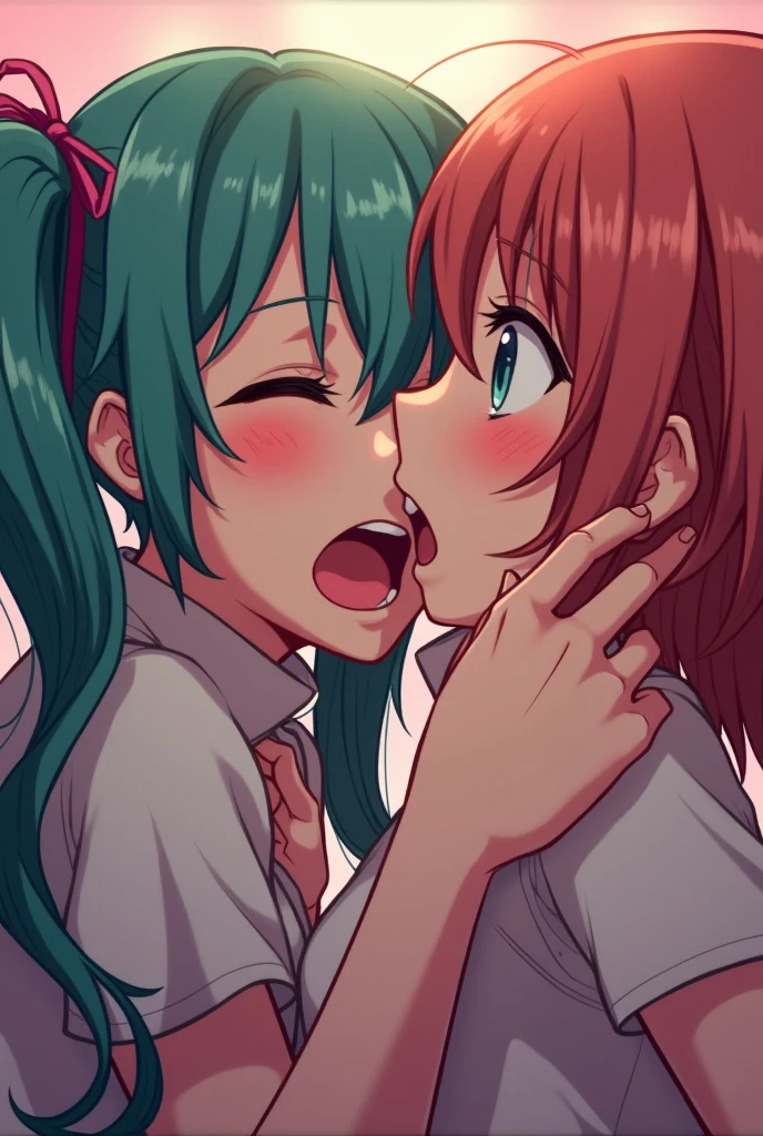 (masterpiece, best quality, ultra-detailed, high resolution, detailed eyes), takeda hiromitsu style, {{{2women}}}, school girl uniform, {pet collar}, french kissing, hugging, looking at viewer, (blushing:1.3), (tongue out:1.3), (drool:1.4), breath, orgasm, cowboy shot, sweaty skin, tears