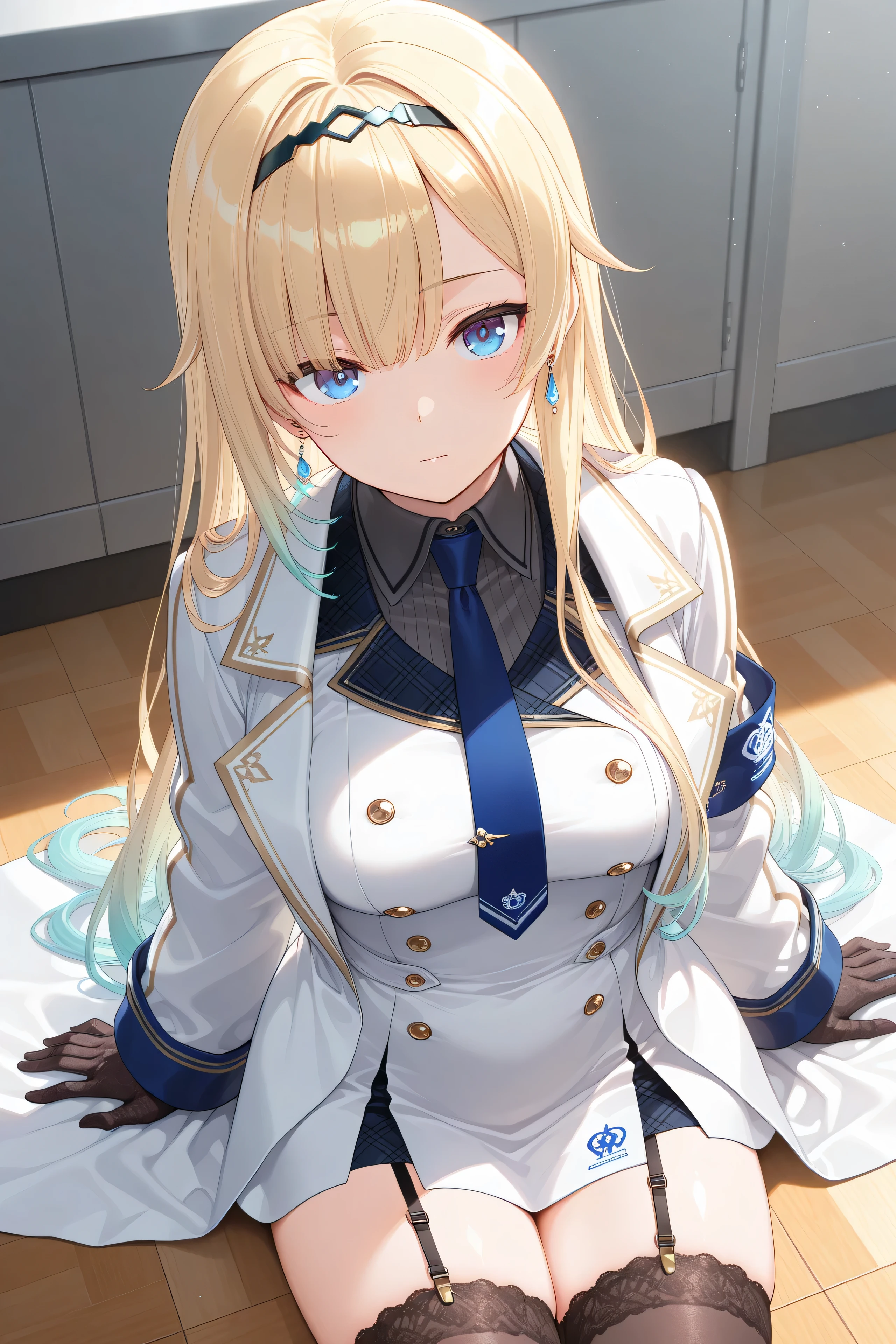 best quality, amazing quality, highres, absurdres, very aesthetic, high resolution, ultra detailed, perfect details,Super detailed,High resolution,Extremely detailed CG,Unity 8K Wallpaper、EmaMilitary, long hair, hairband, earrings, short dress, necktie, gloves, white coat, garter straps, thighhighs,professional quality、medium breasts、look at viewer、sit flat on the floor with legs bent backwards