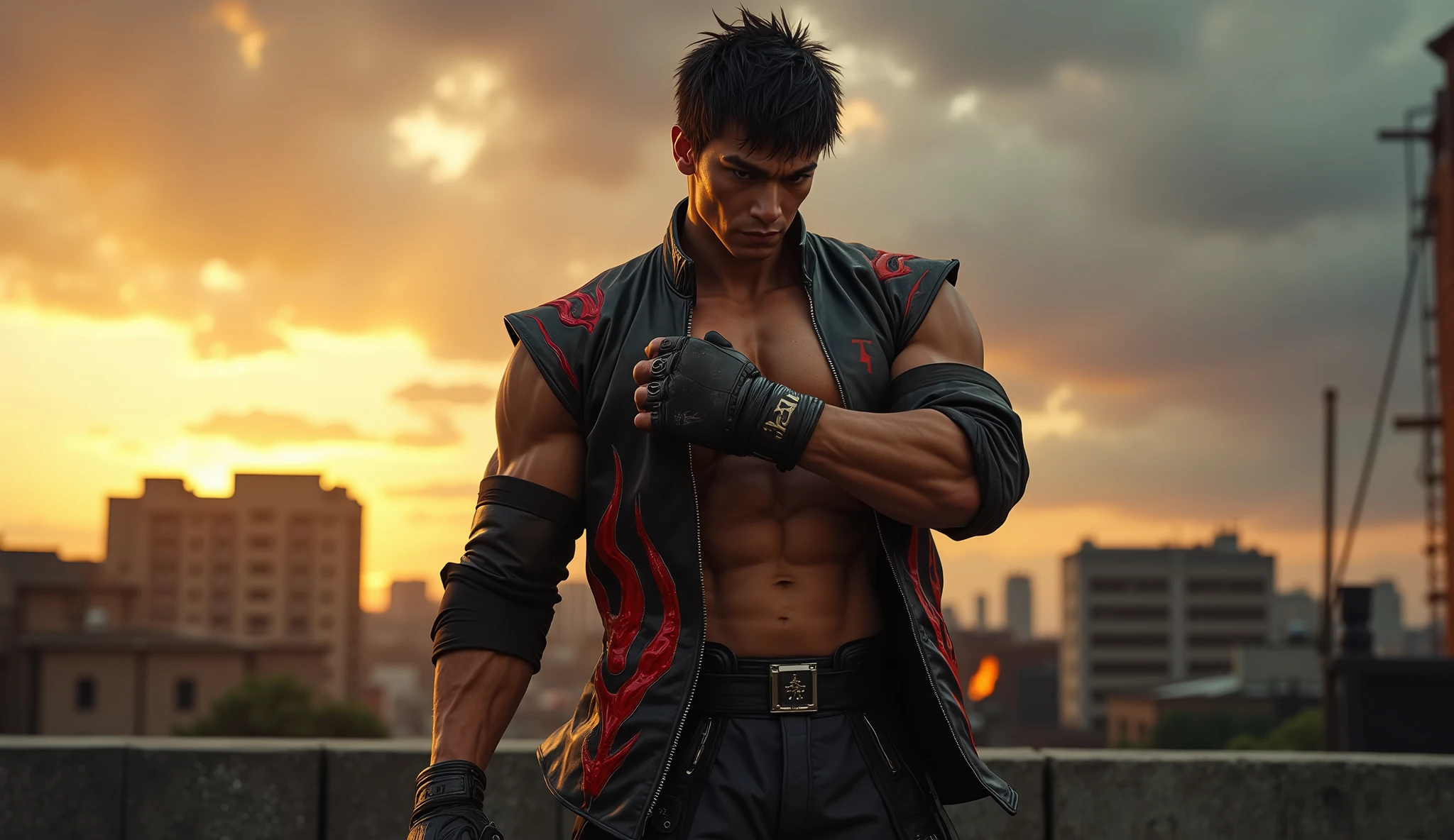 Tips: Full body shot, game character design, sukuna jujutsu kaisen walking towards the camera, topless body, hands in pockets, empty eyes, Hokuto Shinken character, Kenjiro, top side light, deserted city street (far view, blurred depth of field), elevation perspective - AR 10:16 - style expression