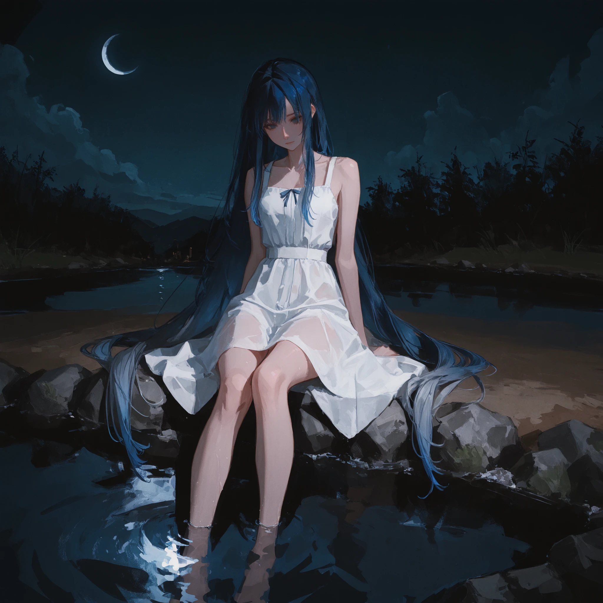 1 girl, silky very long hair, dark blue hair, [(gradient hair from dark blue to silver:1.4):0.4], white sundress, sleeveless dress, see-through cape, looking down, sitting, soaking feet, small river, night, half moon, moonlit