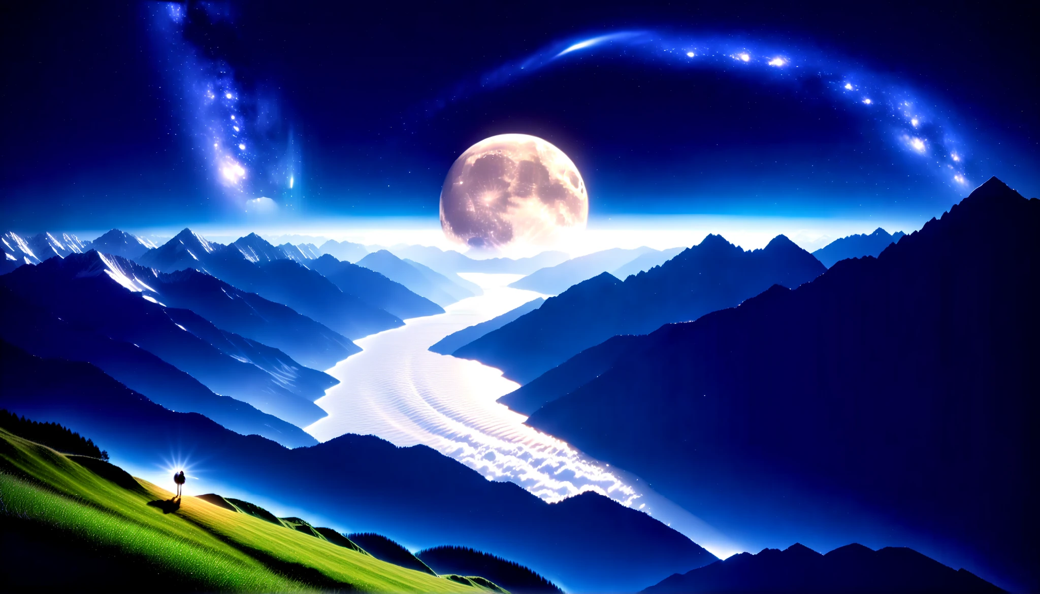 (greenく光る巨大な月:1.5),巨大なgreenい月,Ultra HD,high precision,High Quality,Detailed Scenery ,Night Sky,（Milky Way Galaxy:1.5）,(The Alps:1.5),The giant moon and stars moving to the lake々,Beautiful Artistic Illustration, Ultramarine, green, purple, black,Solemn Atmosphere,An epic and mysterious moon,
