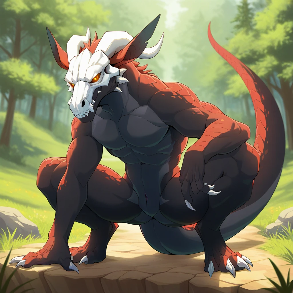 ultra-detailed, masterpiece, masterwork, high quality, best quality, hdr, posted on e621, (by darkgem), (nature), nsfw, (male), solo, (white little body dragon), hairy dragon, (long silver hair, yellow eyes, white body, Scar in one eye), standing, under view, dynamic angle, (nude, slit)